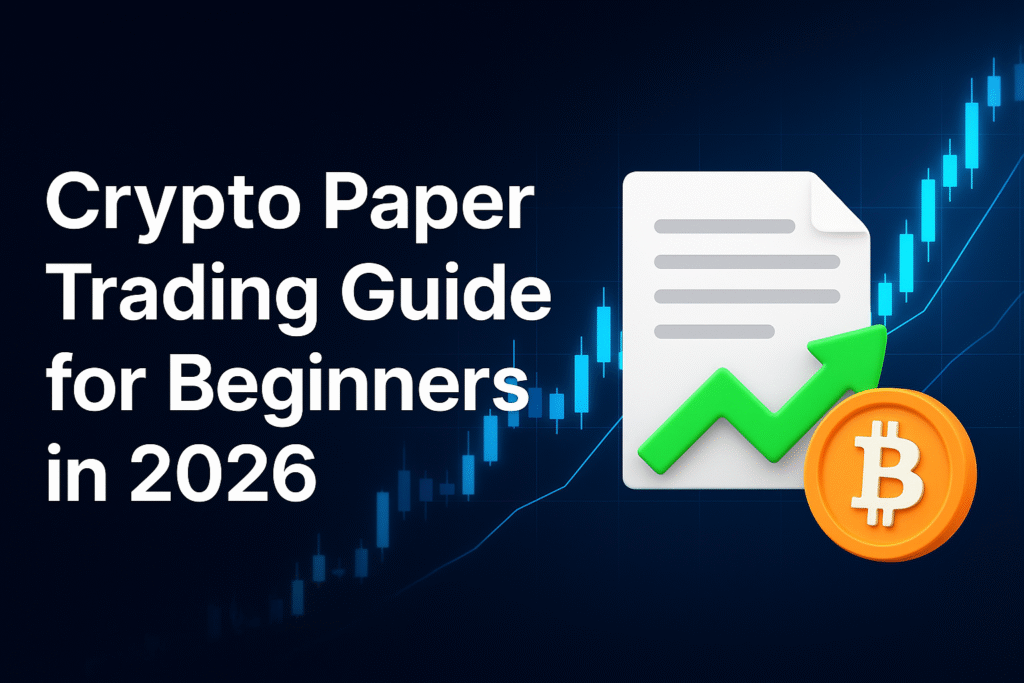 Crypto paper trading guide banner showing a rising candlestick chart, upward green arrow, document icon, and Bitcoin symbol for beginners in 2026.