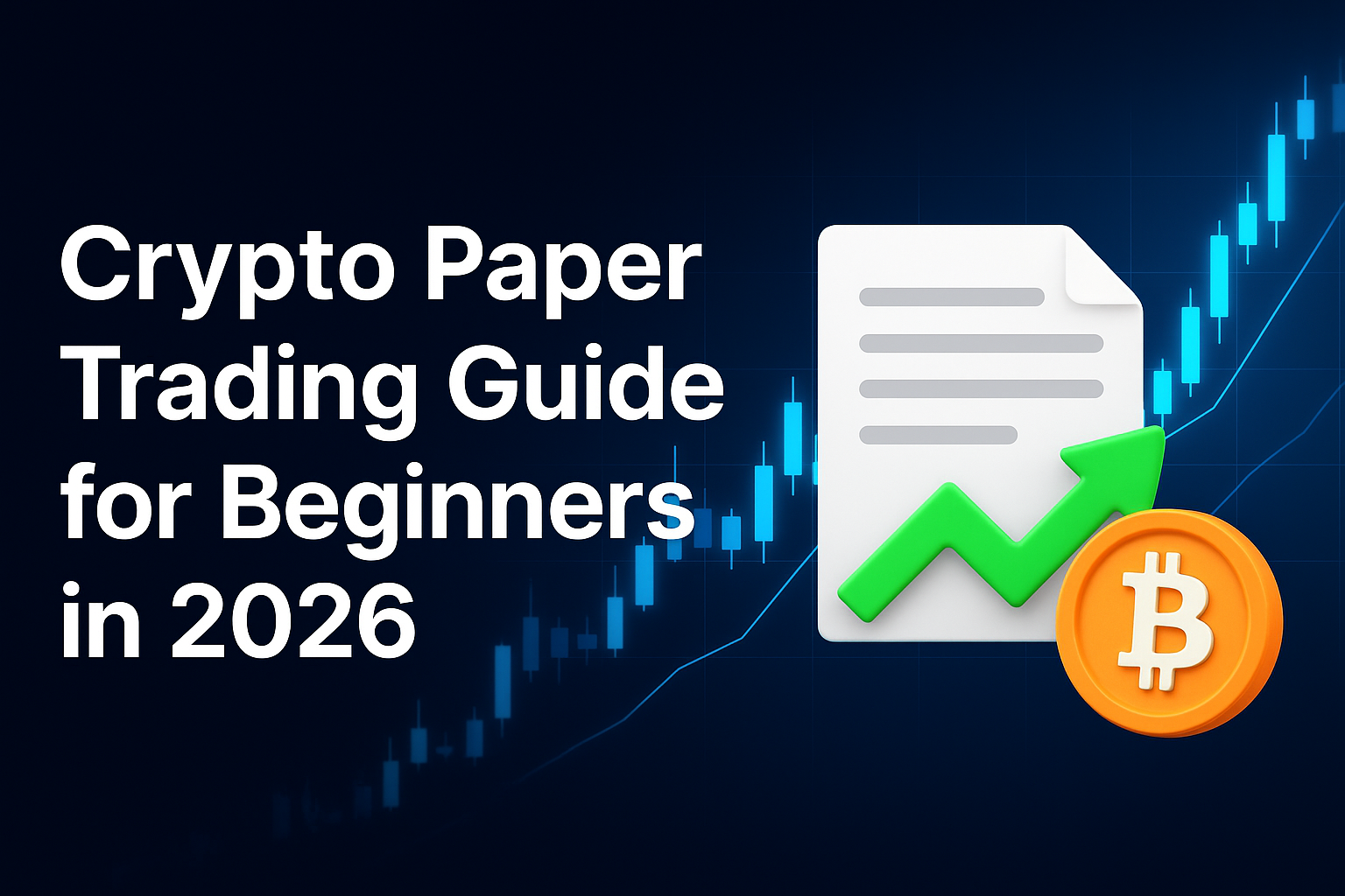 Crypto paper trading guide banner showing a rising candlestick chart, upward green arrow, document icon, and Bitcoin symbol for beginners in 2026.